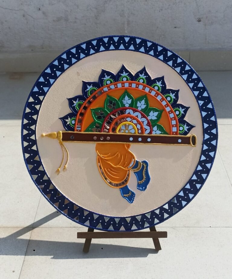 Krishna’s Footprints Lippan Kaam – Handcrafted Wall Décor with Mirror & Clay Art